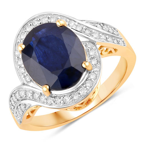 4.69 Carat Genuine Blue Sapphire and White Diamond 14K Yellow Gold Ring