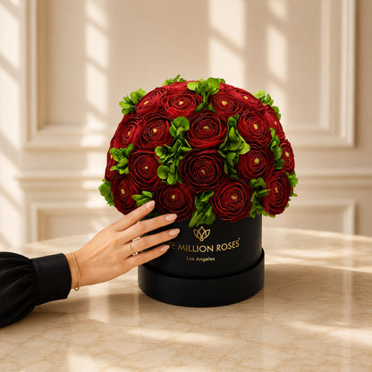 Classic Black Box | Red Persian Buttercups & Green Hydrangeas