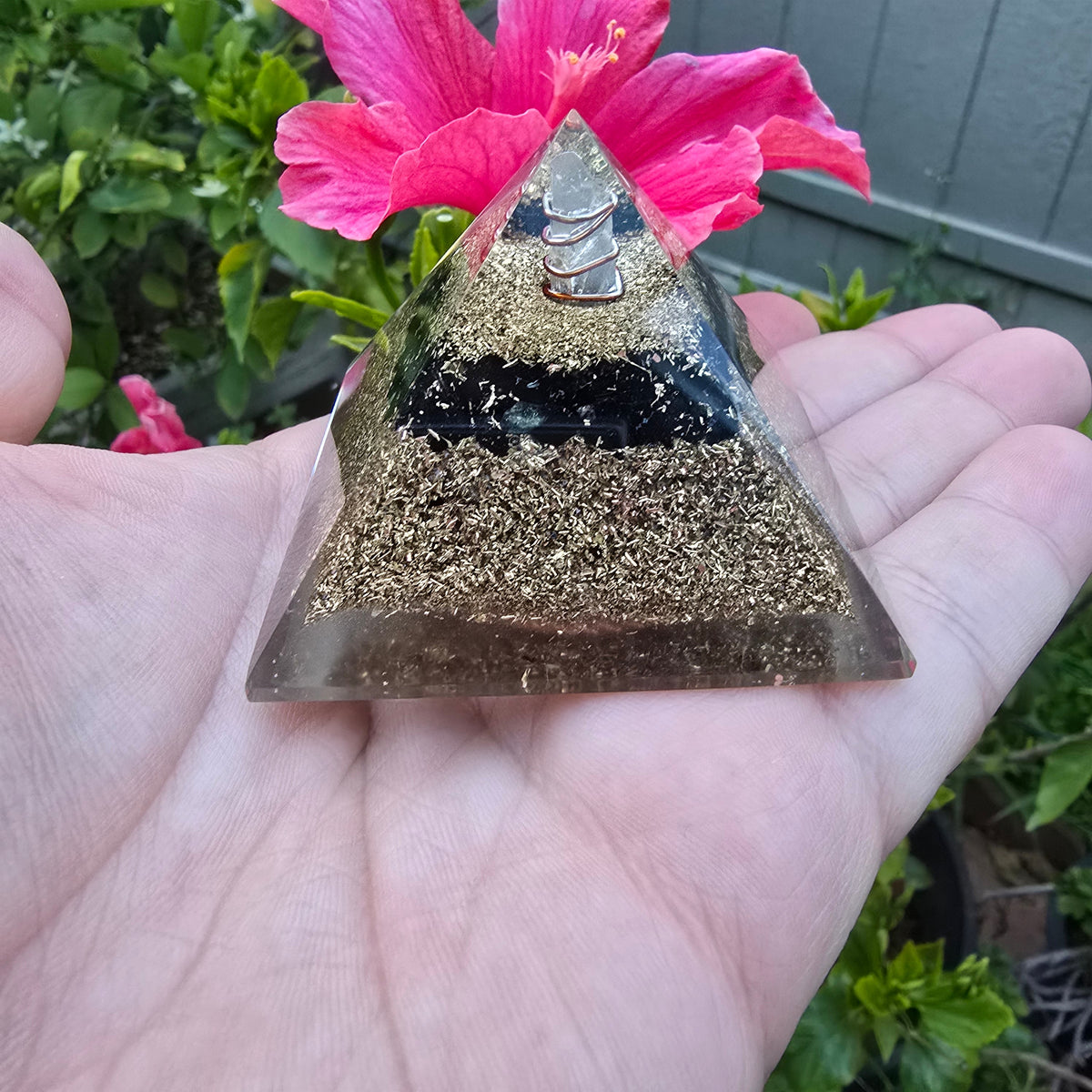 Mini Orgone Brass and Copper Black tourmaline Protection Pyramid