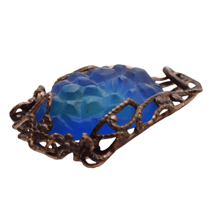 Vintage Style Blue Molded Glass Stone in Ornate Antique Copper Filigree Setting - 18x27mm Pendant