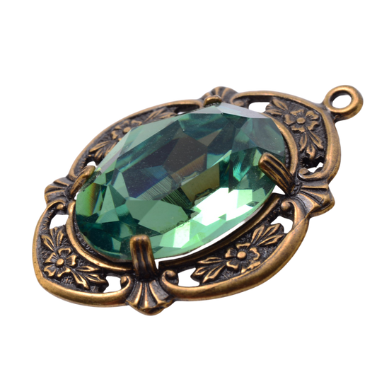 Vintage Emerald Green Crystal Pendant in Ornate Floral Frame - 23x31mm Base Metal