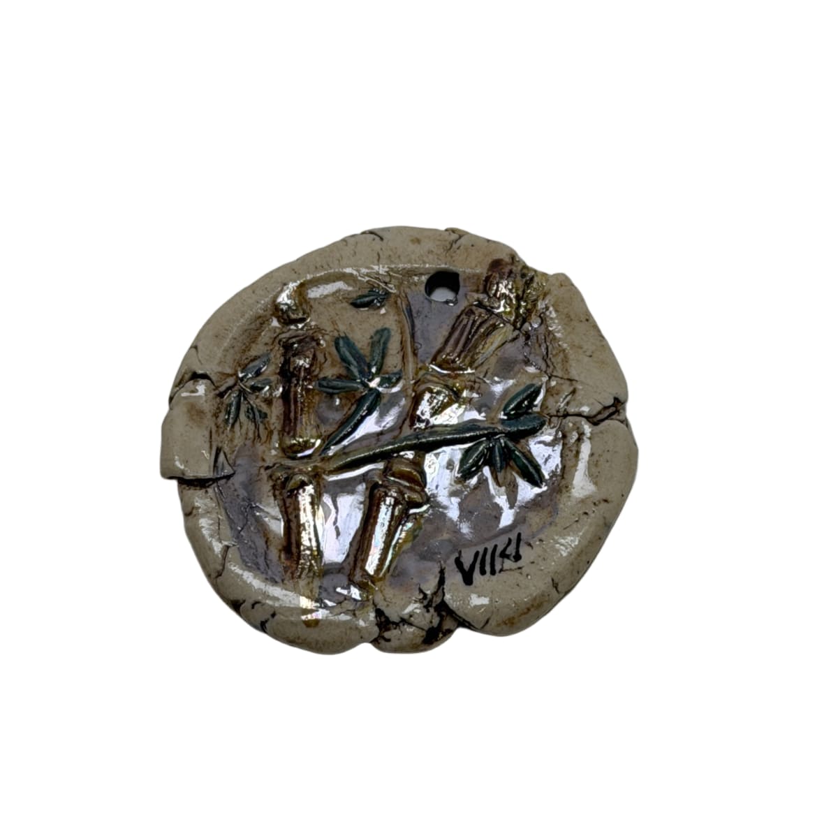 Handmade Ceramic Porcelain Pendant 46mm - Artist Signed Viki - Botanical Relief Design