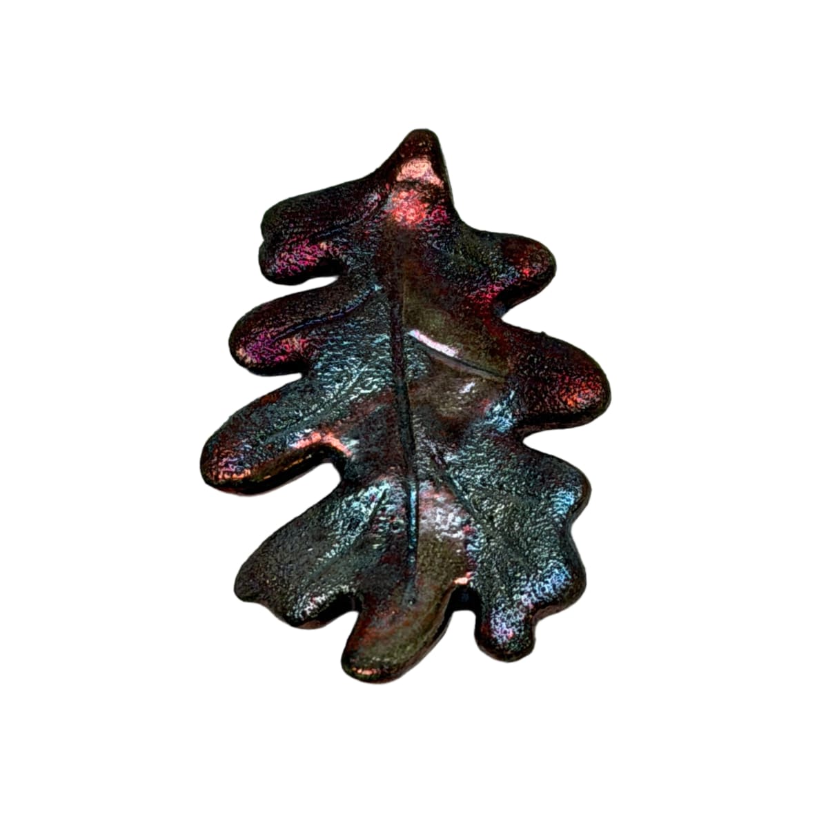 Raku Glazed Ceramic Oak Leaf Pendant - Iridescent Copper Pink Blue 54mm
