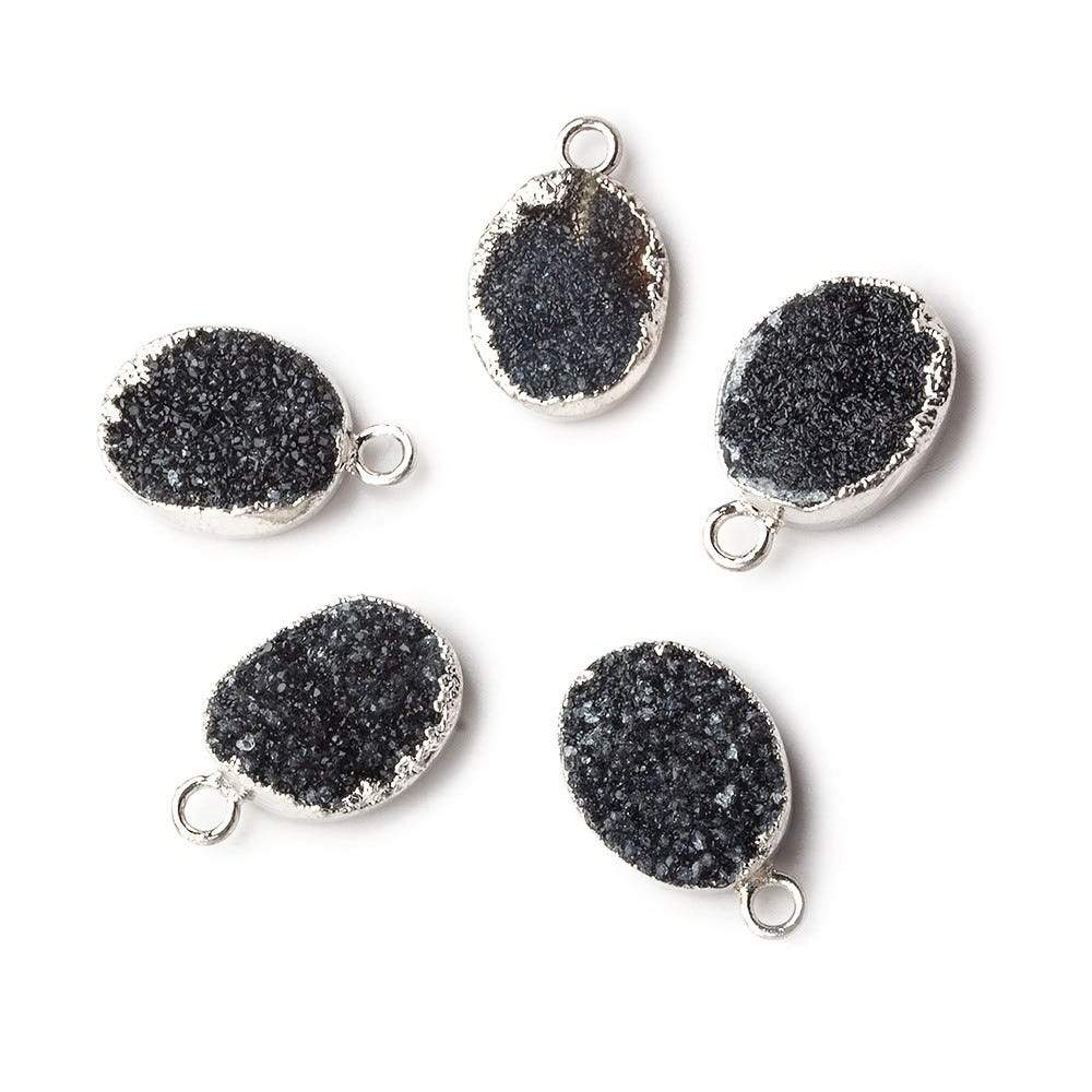Silver leafed Black Agate Drusy Oval Pendant 1 focal bead 11x8mm