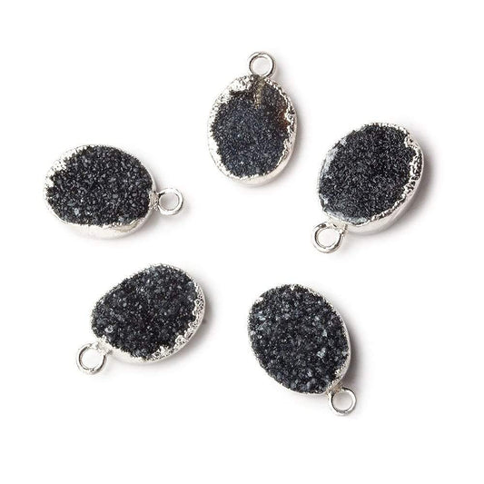 Silver leafed Black Agate Drusy Oval Pendant 1 focal bead 11x8mm