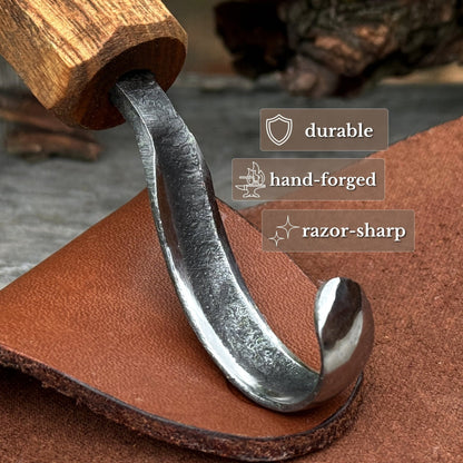 Spoon Carving Hook Knife with Leather Sheath, Blade 5.5 cm (2.17 inches)