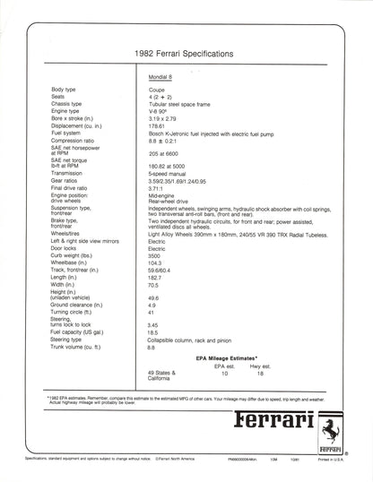 Ferrari Mondial 8 Specifications Brochure (10/81)