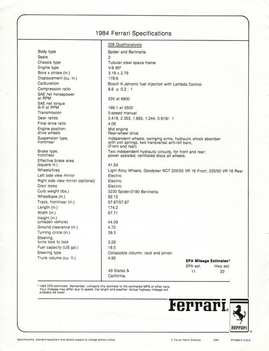Ferrari 308 QV Brochure