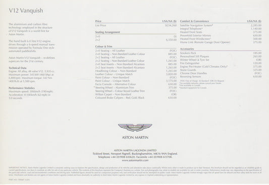 Aston Martin Vanquish 2001-2007 Brochure