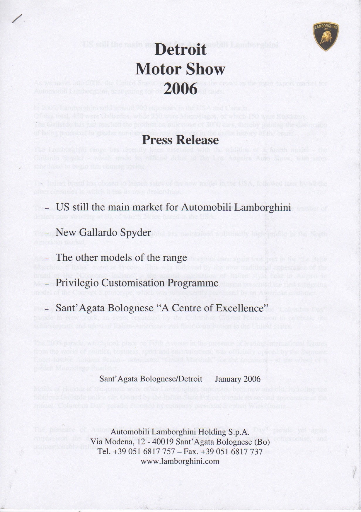 Lamborghini Press Kit 2006 Detroit - Gallardo & Miura Concept