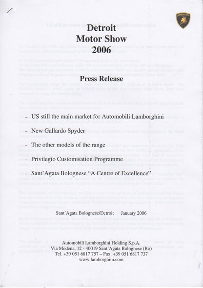 Lamborghini Press Kit 2006 Detroit - Gallardo & Miura Concept