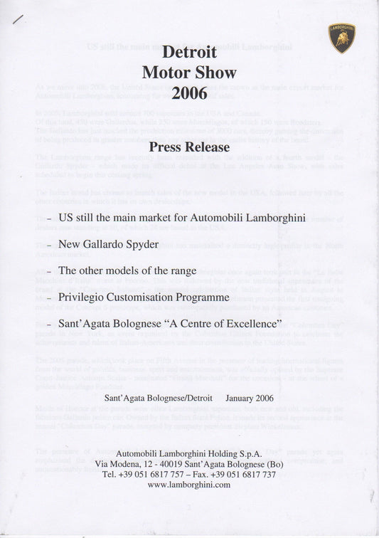 Lamborghini Press Kit 2006 Detroit - Gallardo & Miura Concept
