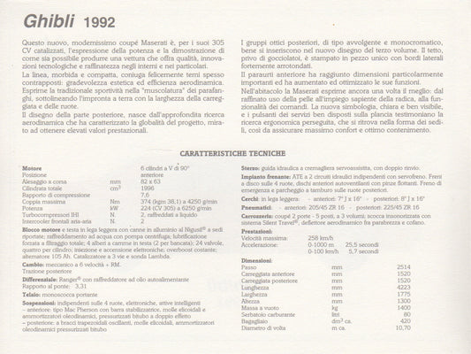 Maserati Ghibli 1965 Ghibli 1992 Brochure (AB120)