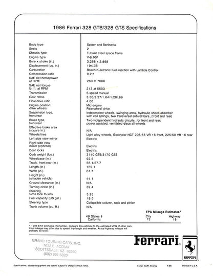 Ferrari 328 GTB/GTS 1986 Specifications Brochure (1/86)