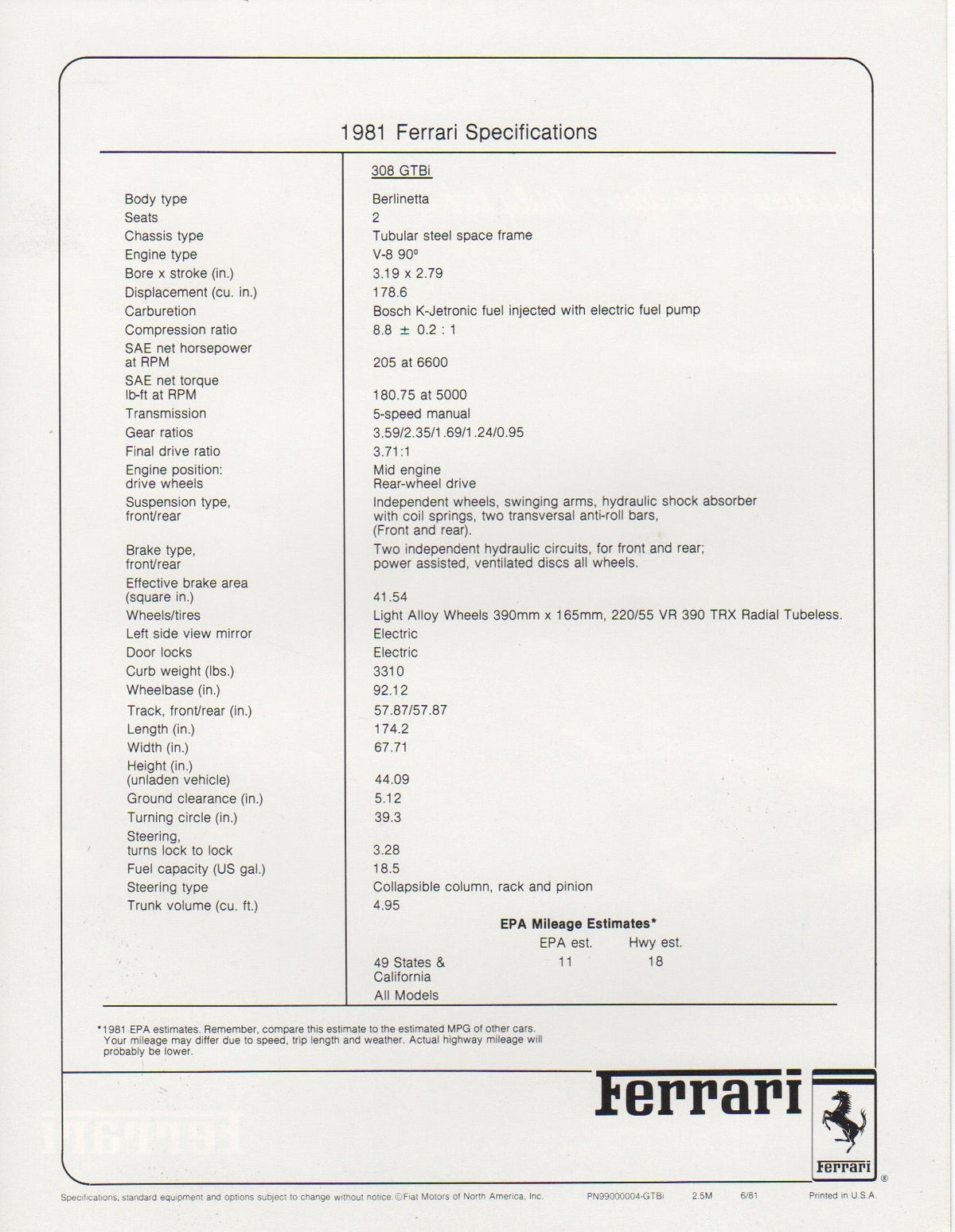 Ferrari 308 GTBi Specifications Brochure