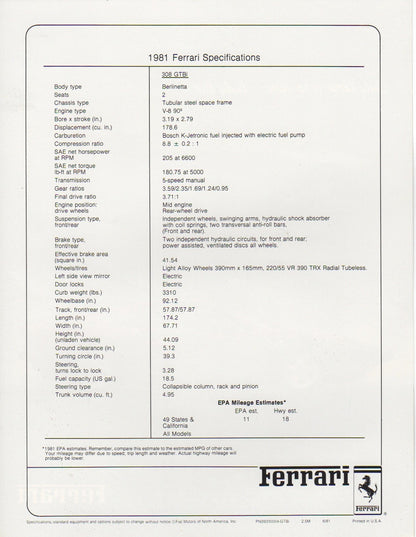 Ferrari 308 GTBi Specifications Brochure