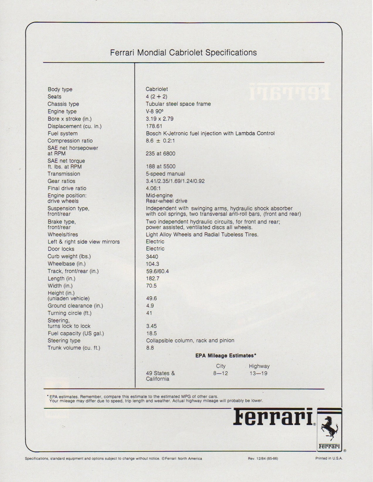 Ferrari Mondial Cabriolet Specifications Brochure