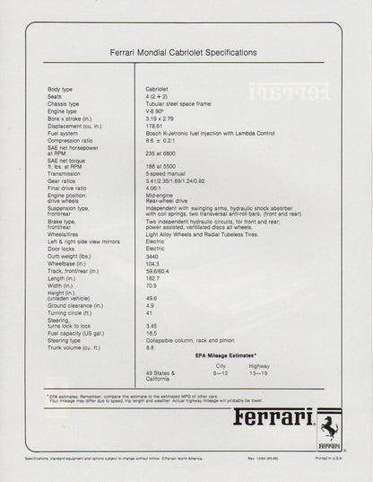 Ferrari Mondial Cabriolet Specifications Brochure