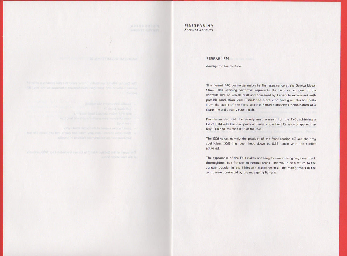 Pininfarina Press Kit 1988 Geneva - Cadilac Allante - F40