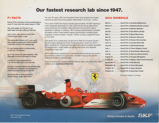 SKF Racing Ferrari F1 2004 Advertising Card