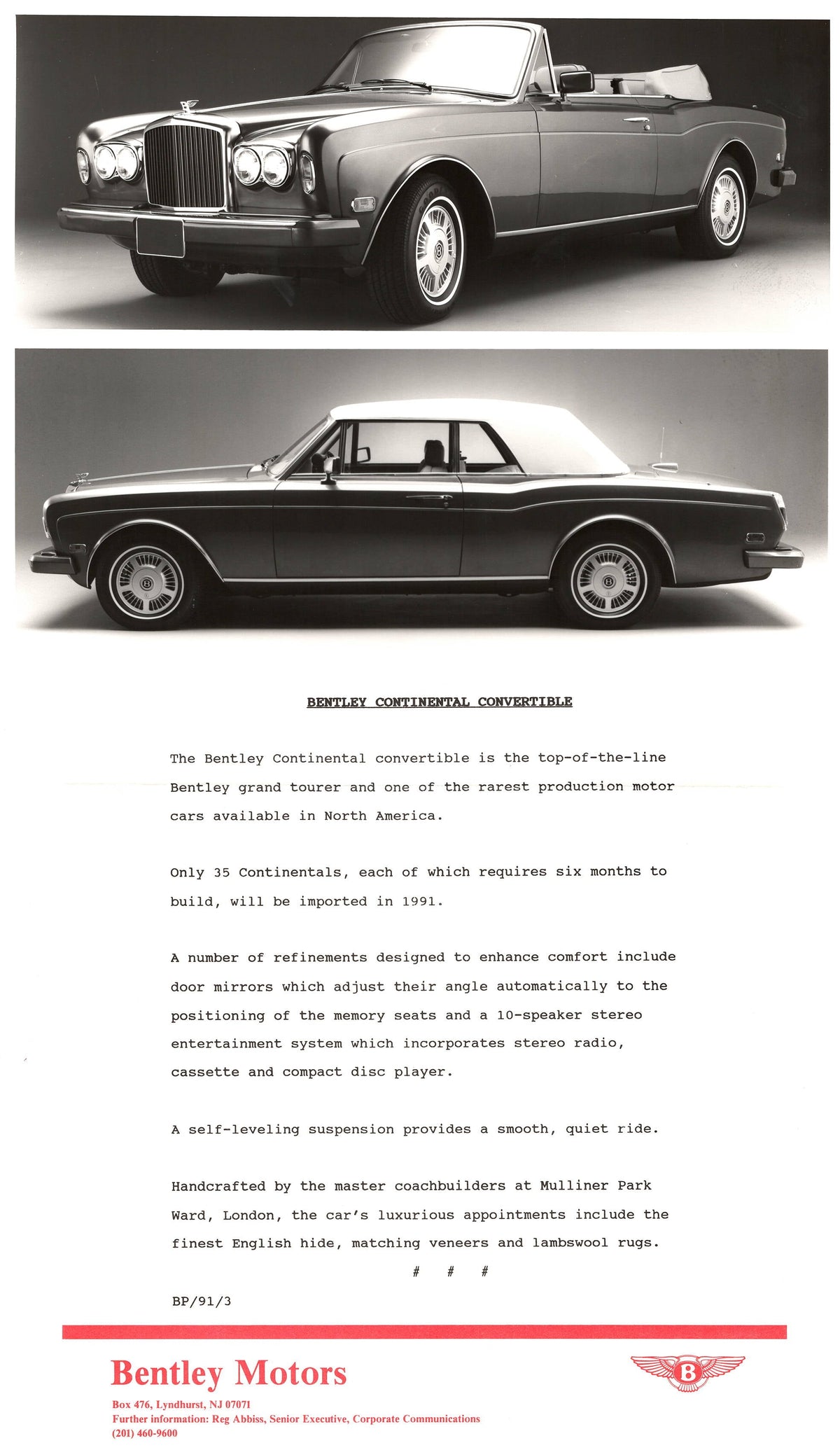 Bentley Eight, Turbo R, Mulsanne S, Continental - Press Kit