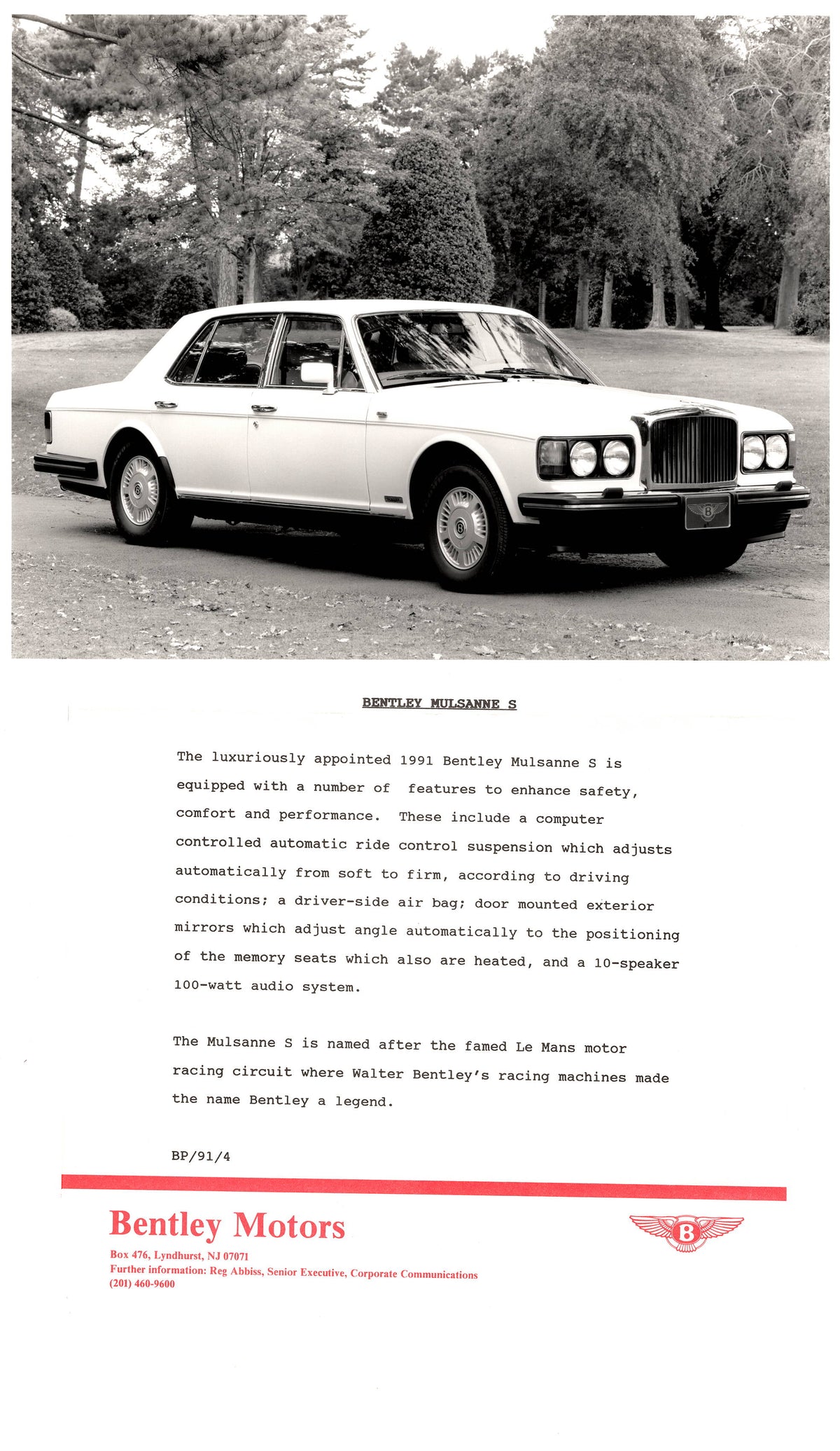 Bentley Eight, Turbo R, Mulsanne S, Continental - Press Kit