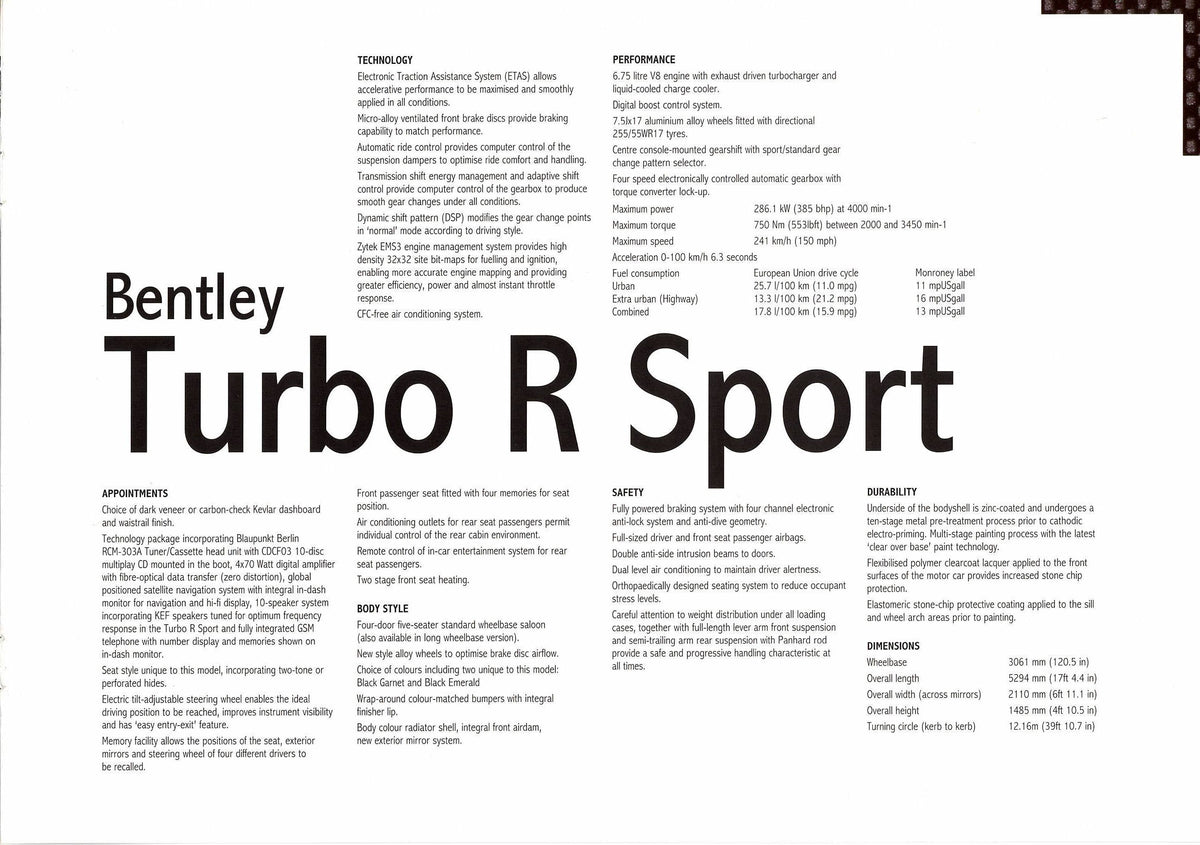 Bentley Turbo R Sport Brochure