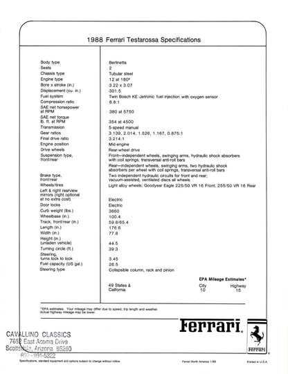 Ferrari Testarossa Specifications Brochure - North America 1/88