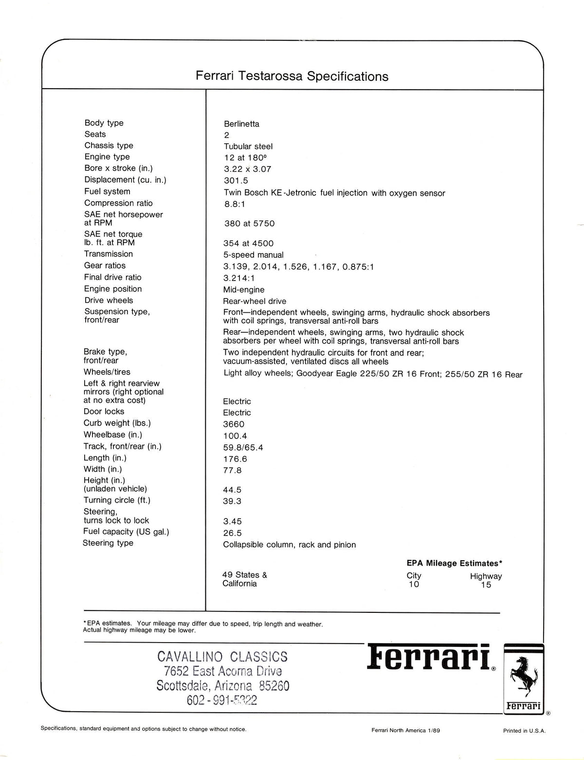 Ferrari Testarossa Specifications Brochure - North America 1/89