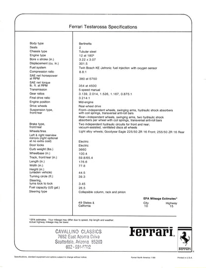 Ferrari Testarossa Specifications Brochure - North America 1/89