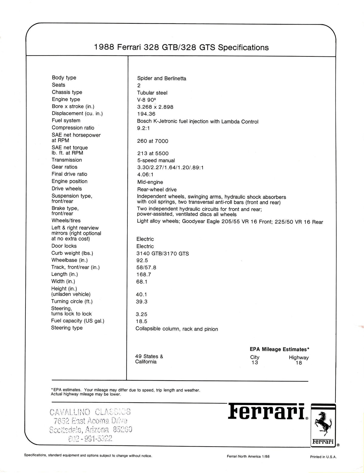 Ferrari 328 GTB & GTS Specifications Brochure (1/88)