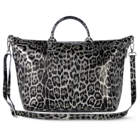 Italian Genuine Leopard-Print Metallic Suede Top-Handle Bag | Rimini