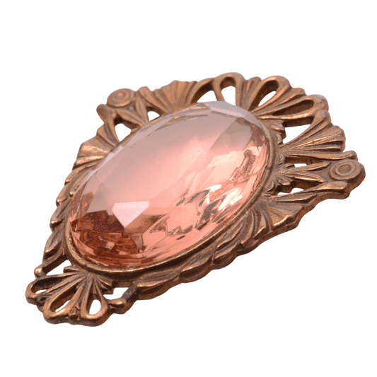 Vintage Style Base Metal Filigree Brooch with Pale Pink Faceted Glass Stone - 36x42mm