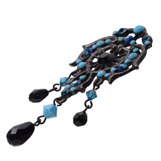 Vintage Turquoise Black Glass Crystal Brooch Pin - Ornate Art Nouveau Style 35x65mm