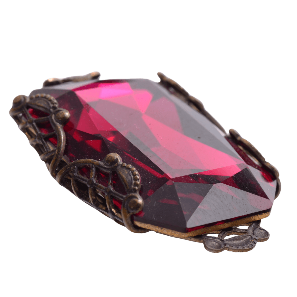 Vintage Ruby Red Glass Crystal Filigree Wrapped Setting 32mm - Ornate Flower Design
