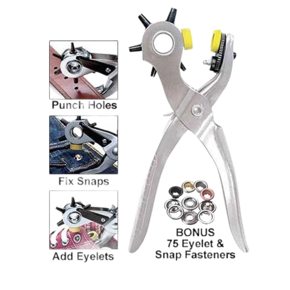 Roto Punch Multi-Size Hole Puncher Tool - 5 Different Hole Sizes with 75 Bonus Eyelets & Snap Fasteners