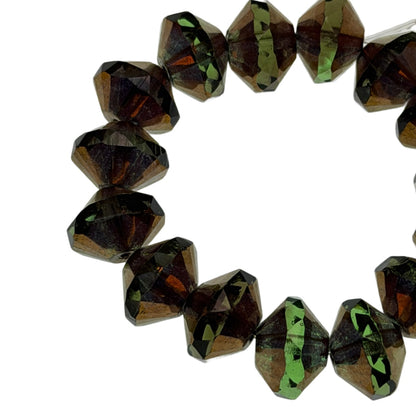 Czech Fire Polished Glass Beads: Olive Green Gold Finish 13mm Saucer - 15 Pieces