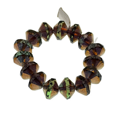 Czech Fire Polished Glass Beads: Olive Green Gold Finish 13mm Saucer - 15 Pieces