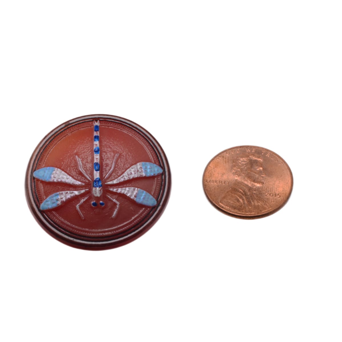 Czech Glass Dragonfly Button 31mm Terracotta Red Blue Wings