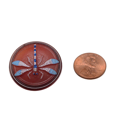 Czech Glass Dragonfly Button 31mm Terracotta Red Blue Wings
