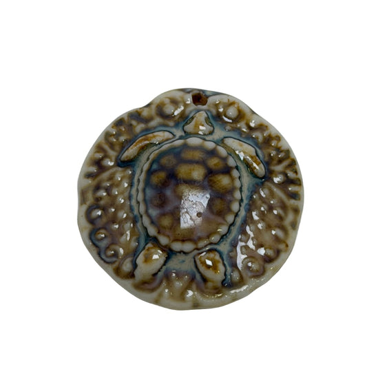 Ceramic Turtle Carving Pendant: Earth Tone Glazed Porcelain Focal Charm - 38mm