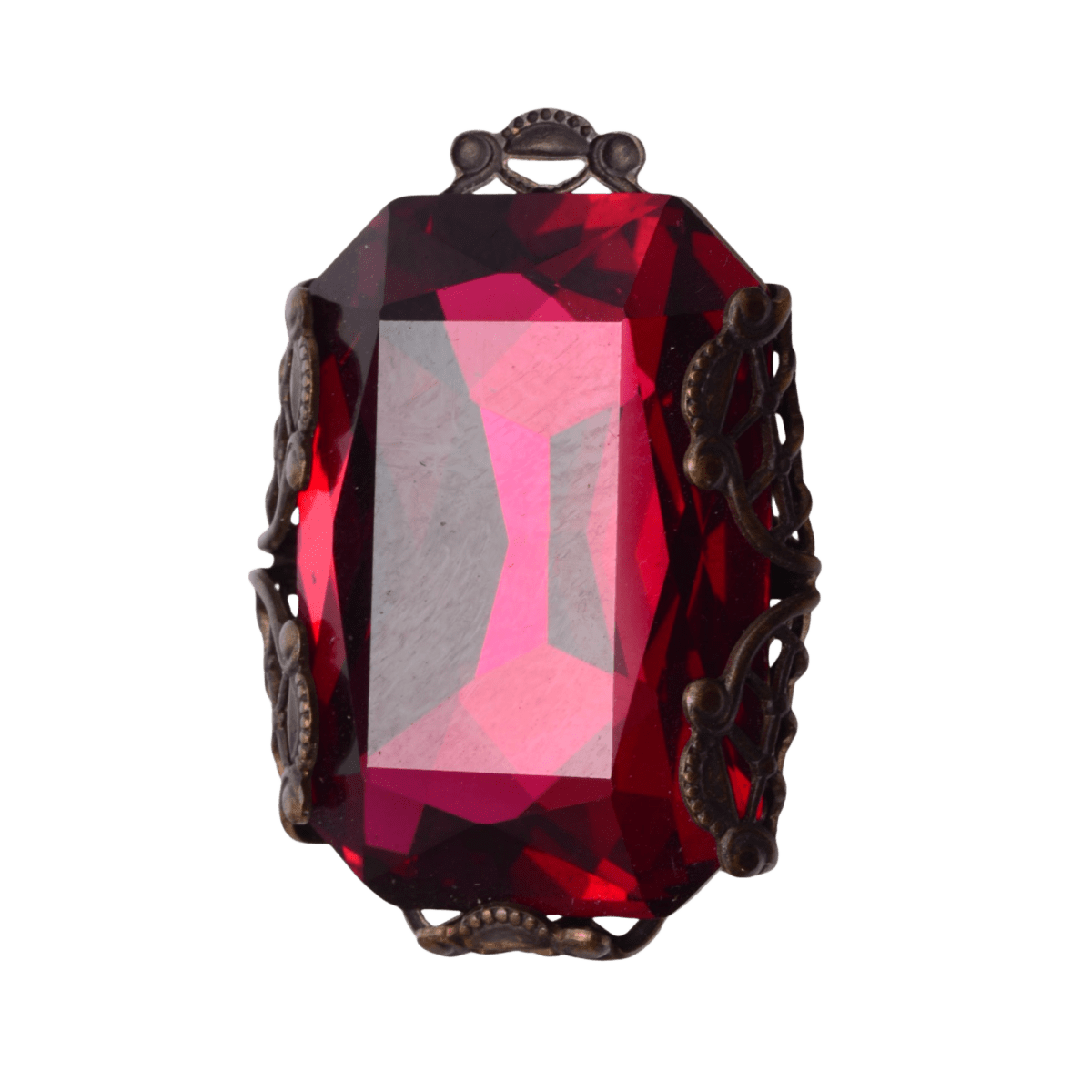 Vintage Ruby Red Glass Crystal Filigree Wrapped Setting 32mm - Ornate Flower Design
