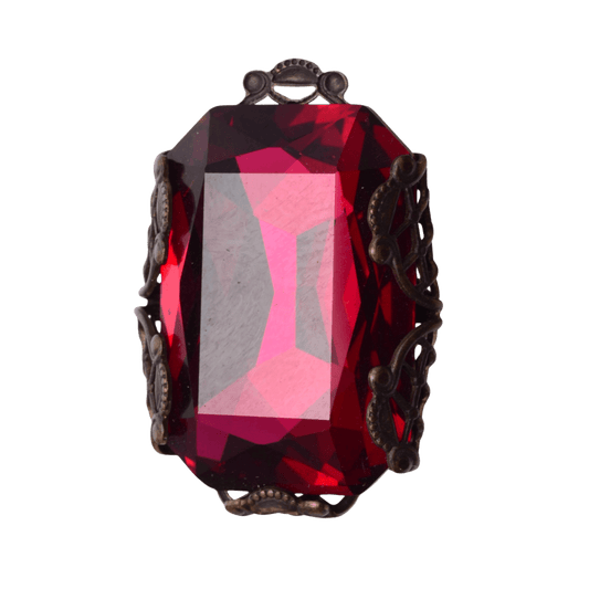 Vintage Ruby Red Glass Crystal Filigree Wrapped Setting 32mm - Ornate Flower Design