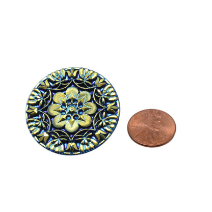 Vintage Czech Glass Dragonfly Button 37mm - Blue Gold Iridescent - Victorian Style Floral