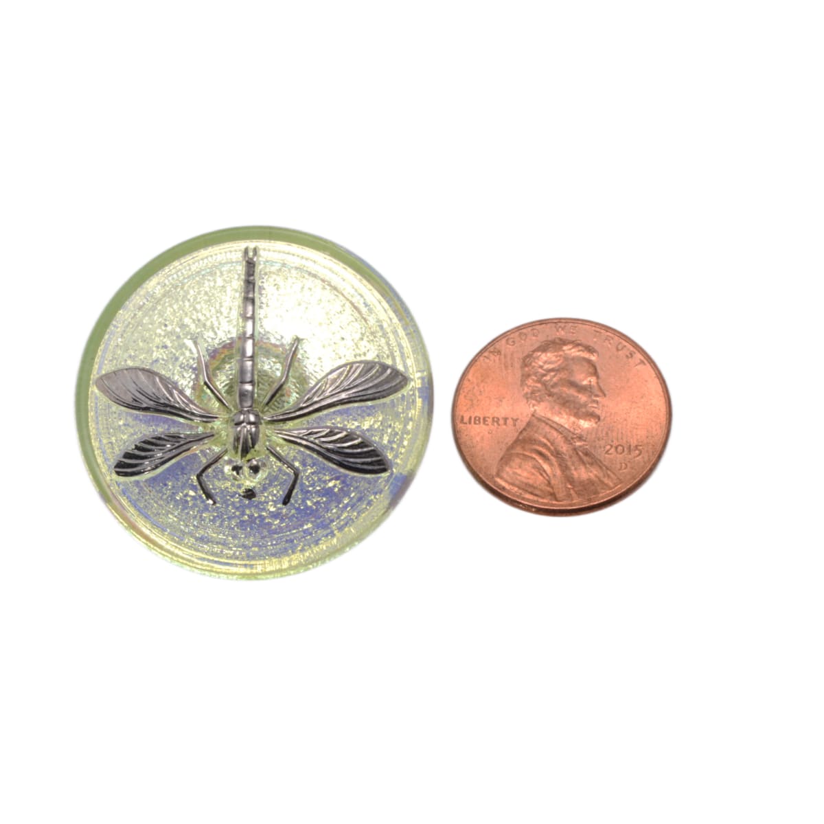 Czech Glass Dragonfly Button 31mm - Jonquil Yellow with Silver Foil Accents