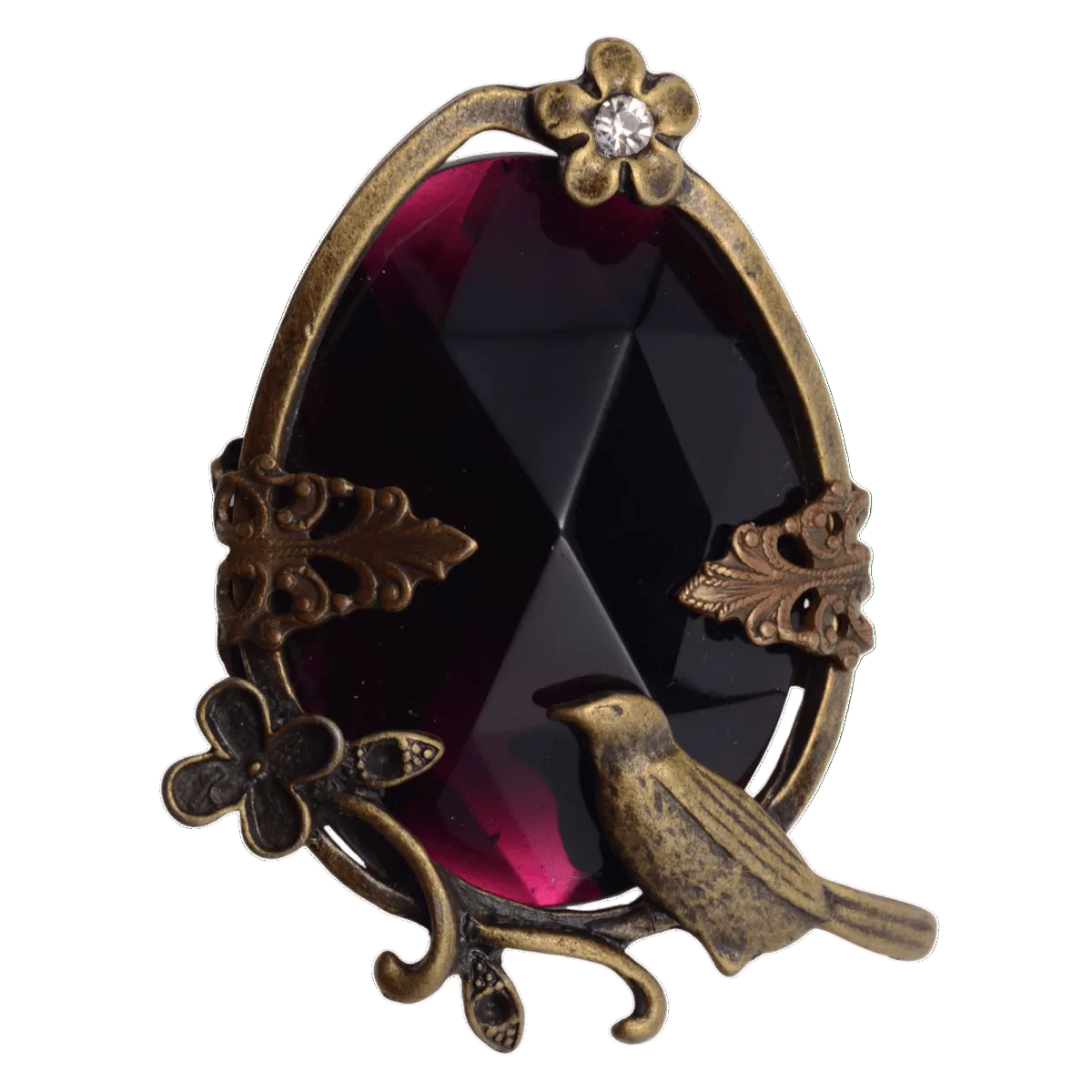 Vintage Style Antique Brass Bird Brooch with Deep Purple Amethyst Crystal - 53mm Statement Pin