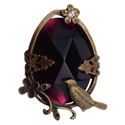 Vintage Style Antique Brass Bird Brooch with Deep Purple Amethyst Crystal - 53mm Statement Pin