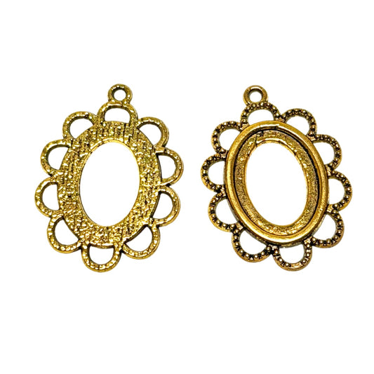 Antique Gold Plated Pewter Bezel Settings 31mm x 23mm - Scalloped Edge Pendant Findings