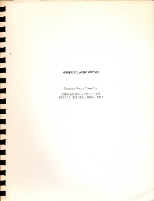 Ferrari 308 GT4 & 308 GTB Suggested Repair Times Manual