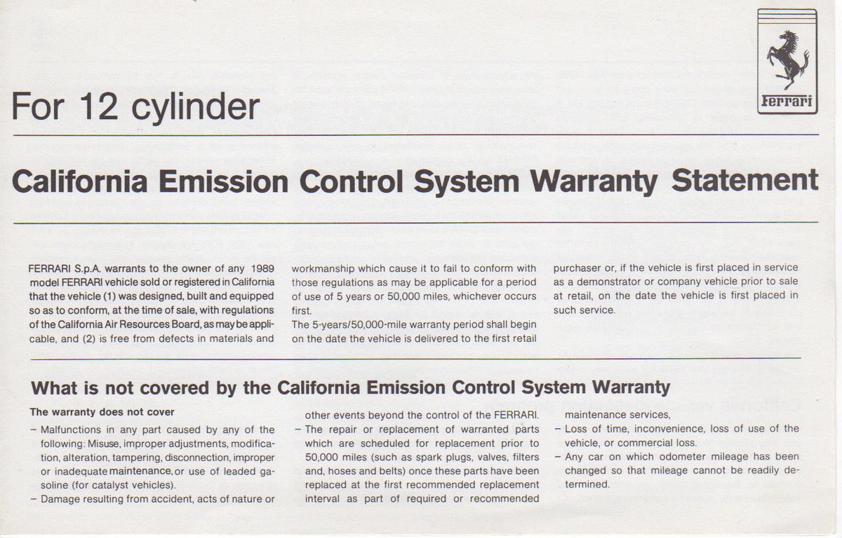 Ferrari Testarossa California ECS Warranty Statement (529/88)